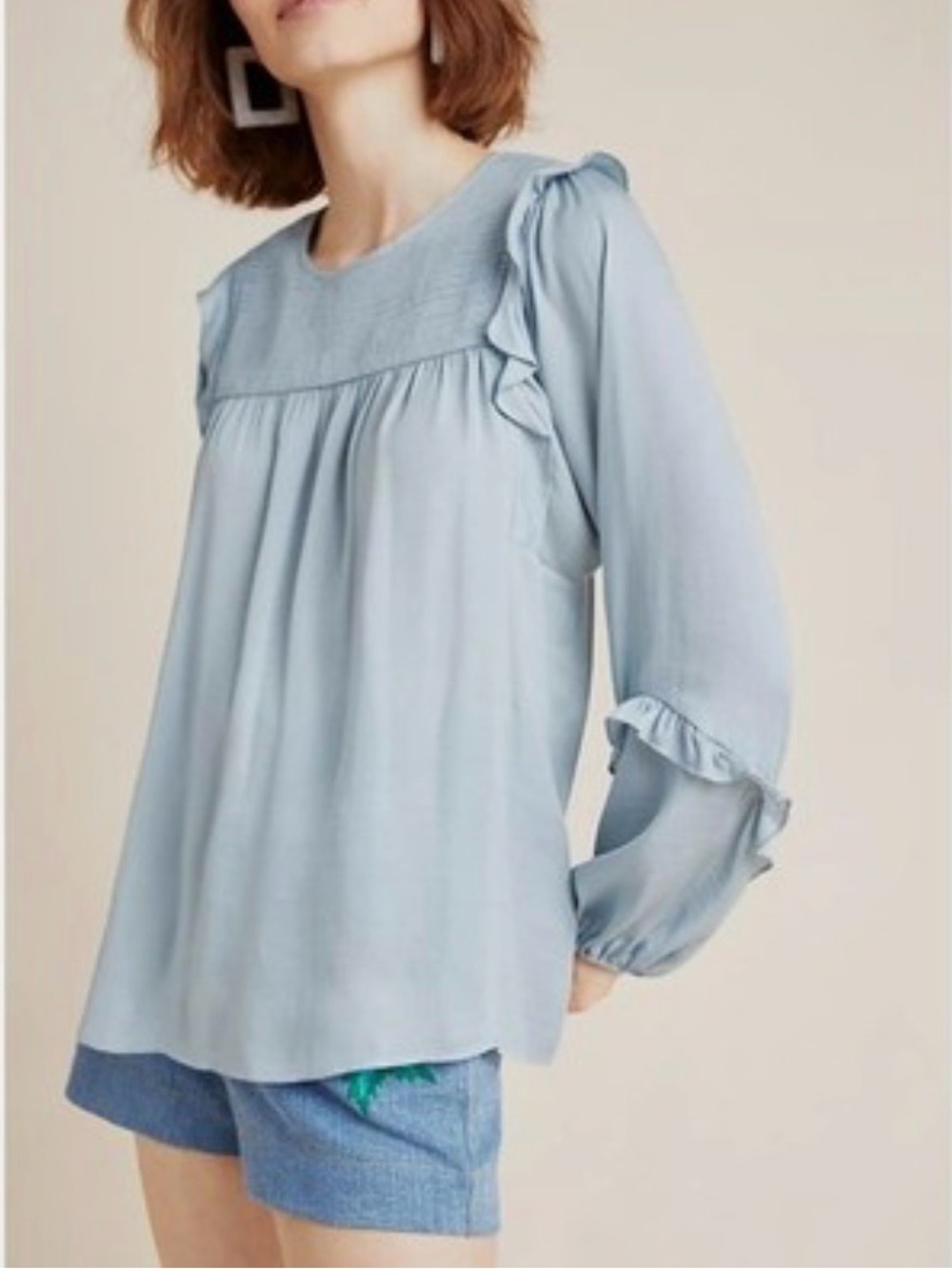 Women’s Anthropologie DOLAN Mejia light blue ruffle long sleeve blouse- Size S